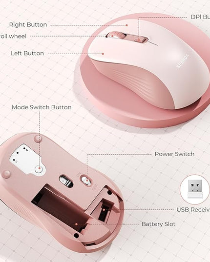 seenda Wireless Mouse, Bluetooth & 2.4G USB Dual Mode for Laptops & Computers - Mac & Windows Compatible - Pink
