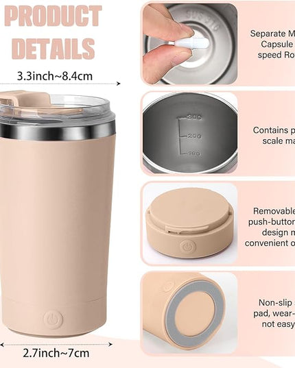 hatisan Self Stirring Coffee Mug With Lid Electric High Speed Self Stirring Mug 400ml Rechargeable Detachable Stainless Steel Self Stirring Cup for Coffee, Milk, Cocoa Christmas Gift(Apricot)