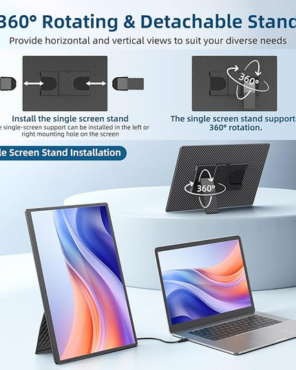 Portable Monitor, 16 Inch 1200P FHD Laptop Screen Extender Dual Monitor, 360° Rotating Detachable Stand Plug n Play, Ultra Slim Zero Frame, Travel Portable Screen for Laptop/PC/Mac/Windows/PS5