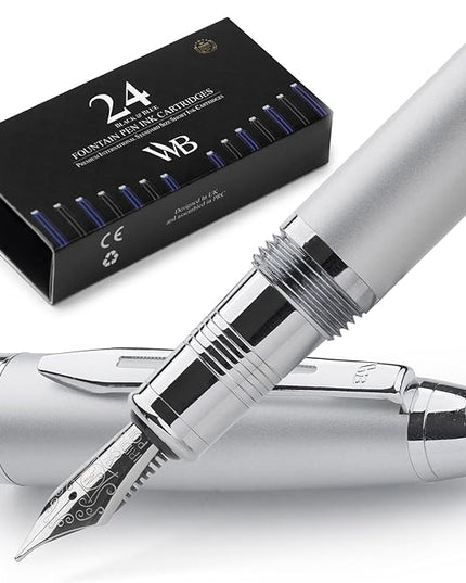 Wordsworth & Black Majesti Fountain Pen-(Silver), Luxury Case, 24K Gold Finish; 18K Gilded Medium Nib- Ink Cartridges, Refillable Ink Converter-Calligraphy Pen-Best Business Gift Set for Men & Women