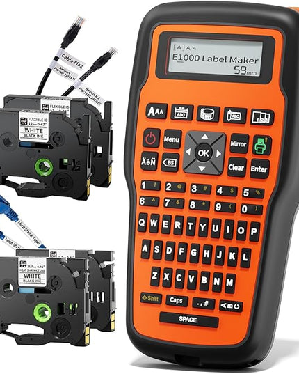 E1000 Heat Shrink Label Maker, Wire Label Maker Waterproof-Labels, Labeler Machine with 2PK 12mm 0.47 Heat Shrink Tube Tapes & 2PK Flexible ID Cable Tapes for Industrial Electrical Use