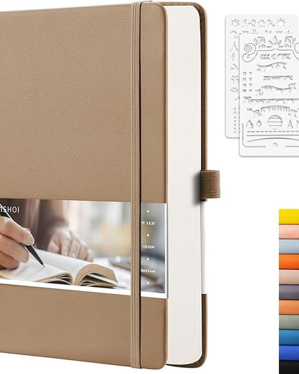 EMSHOI Dotted Notebook - 256 Pages A5 Dot Grid Journal Bullet Notebook with 120gsm Thick Dotted Paper,16 Perforated Pages, Hardcover Leather, Pen Holder, Inner Pocket, 5.75'' × 8.38''-Khaki