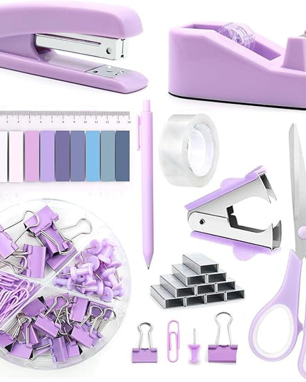Office Supplies Set,Desk Accessories,Stapler and Tape Dispenser Set,1000 Staples,Staple Remover,Hinder Clips,Scissor,Index Tabs,Clear Tape,Ballpoint Pen,Coworkers(Purple)