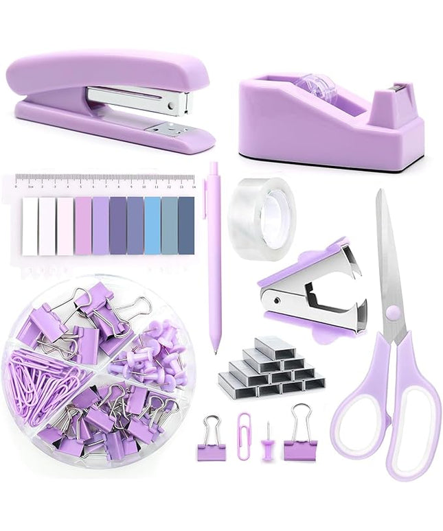 Office Supplies Set,Desk Accessories,Stapler and Tape Dispenser Set,1000 Staples,Staple Remover,Hinder Clips,Scissor,Index Tabs,Clear Tape,Ballpoint Pen,Coworkers(Purple)