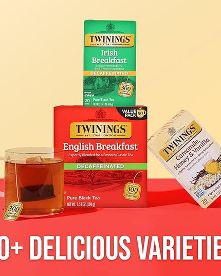 Twinings Decaffeinated English Breakfast Black Tea Bags, 50 Count (Pack of 6), Flavourful, Robust, Enjoy Hot or Iced, 300 Teabags