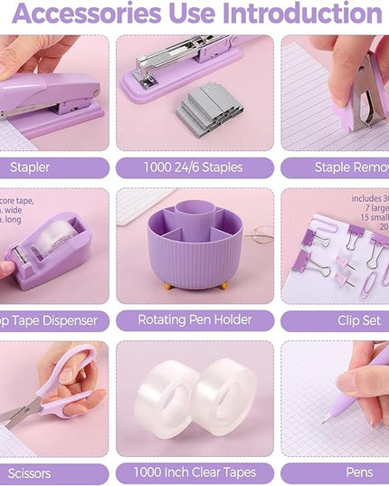 SKYDUE Purple Office Supplies Set, Purple Office Desk Accessories 10PCS, Pencil Holder for Desk, Stapler, Tape Dispenser, Scissors, Ruler, Binder/Paper Clips and 1000pcs Staples,Desk Supplies Set