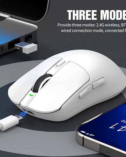 Lightweight Gaming Mouse, RGB Light 3 Mode Connection with 6 Adjustable DPI 800 12000, 7 Customizable Buttons, with Magnetic Charging Base (White)