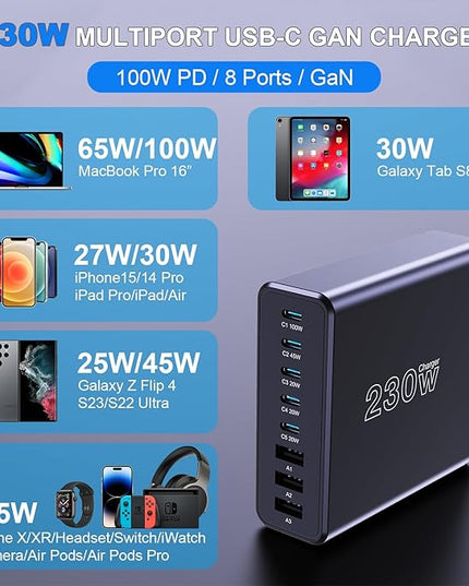230W USB C Charging Station, Graaci Compact 8 Ports GaN Desktop Charger, PD 100W PPS 45W Super Fast Charger, Laptop Wall Charger Block for MacBook Pro, iPad, iPhone 15/14, Galaxy S24/S23, and More