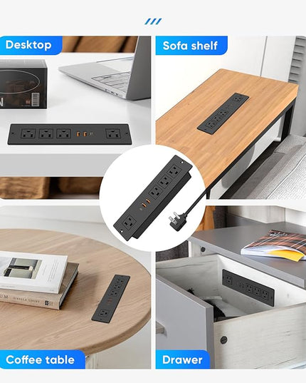 VILONG Flat Plug Recessed Power Strip with PD 20W USB-C, Flush Mounted Drawer Outlet, 4 AC Outlets & 3 USB Ports, Conference Desktop Built in Power Strip, 10FT Extension Cord(Black)