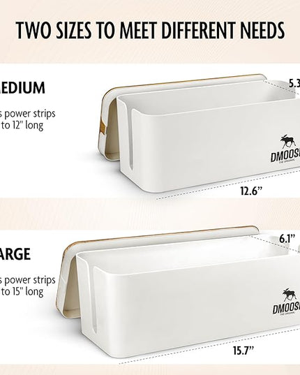 DMoose Cable Management Box - 2 Pack Medium & Large Cord Organizer for Desk & Floor, Cable Organizer Box for Child & Pet - Cable Box Hider for Tidy Office & Home (Wood Print Lid, White Box, Pack of 2)
