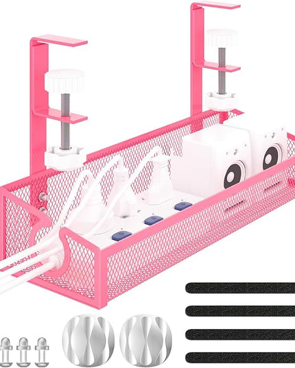 Under Desk Cable Management Tray Black, No Drill Desk Cable Wire Management Organizer with Clamp, PC Cord Organizer Accessories & Workspace for Office, Home（Pink）