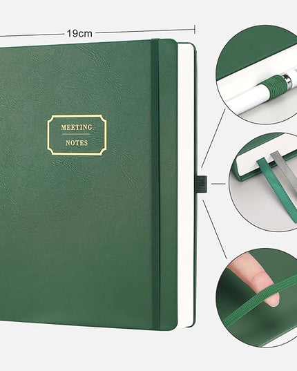 EMSHOI Meeting Notebook for Work with Action Items - 320 Pages B5 Thick Project Planner Agenda Organizer Work Notebook for Women Men Office Business, PU Leather Hardcover, 7.5" x 10", Dark Green