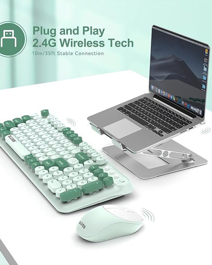 Wireless Keyboard and Mouse,Cute Retro Typewriter Computer Keyboard and Mouse Sets,Full Size 2.4G Cordless Colorful Round Keycaps Keyboard with Silent Mouse for PC Windows Laptop Office-Multi Green