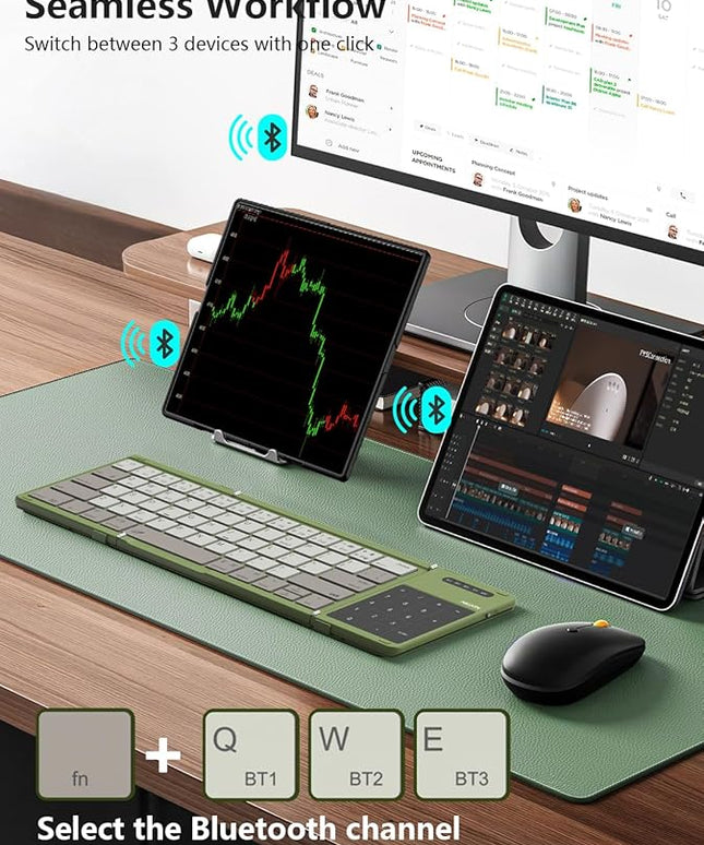 Nillkin Foldable Bluetooth Keyboard with Touchpad & Number Pad, Portable Bluetooth Keyboard with Full Size Keys, Pocket-Sized Wireless Travel Keyboards for iPad, Smartphone, Tablet and Laptop Green