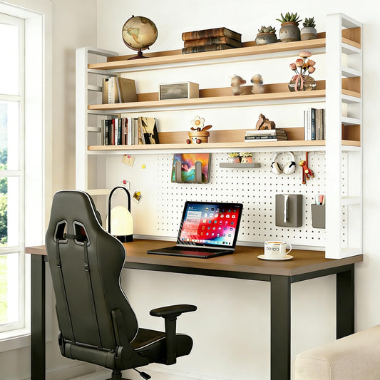 LINLIUA 2/3/4 Tier Desk Hutch, Metal Desk Shelf with Pegboard, Desk Shelves for Top of Desk, Freestanding Desktop Bookshelf, Desktop Shelf Organizer Display Rack for Dorm Office and Home