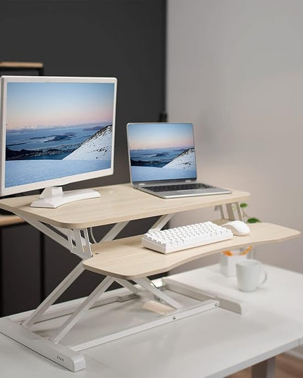 VIVO 32 inch Desk Converter, K Series, Height Adjustable Sit to Stand Riser, Dual Monitor and Laptop Workstation with Wide Keyboard Tray, Light Wood Top, White Frame, DESK-V000KF