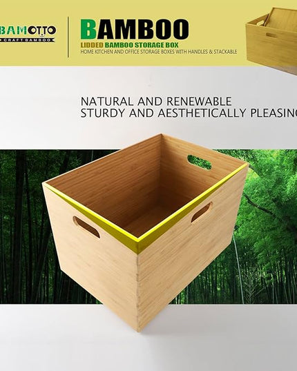 BAMOTTO Lidded Bamboo Storage Bins & Box/Cube/Basket, Home Kitchen and Office Storage Boxes with Handles & Stackable for Organizer Tableware, Crafts, Office Shelf Books, Large, 14.6”x10.2”x9.6”