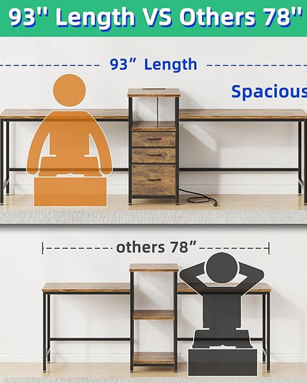 GYIIYUO 93'' Two Person Desk with Charging Station, Long Desk with 3 Fabric Drawers and Printer Shelf, Double Computer Desk, 2 Person Writing Study Table Workstation for Home Office, Rustic Brown