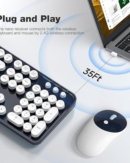 MOFII Wireless Keyboard and Mouse Combo, Computer Full Size 2.4G Plug and Play Wireless Typewriter Retro Round Keyboard and Mouse Set for Windows, Computer, Desktop, PC, Notebook - (Dark Blue)