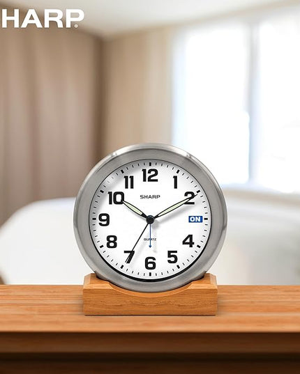 Sharp Silent Sweep Quartz Analog Desk Clock with Alarm Status Indicator on Dial, Brushed Metal Clock with Genuine Wood Stand, Great Gift for Home or Office
