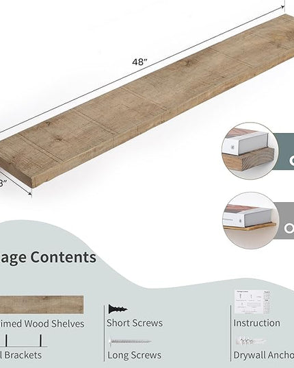 Floating Shelves | 8" Deep Rustic Reclaimed Barnwood Wall Hanging Shelves with Invisible Heavy-Duty Metal Bracket | Wall Mounted | Farmhouse Style | 48 inches, 2 PCs, Distressed Natural