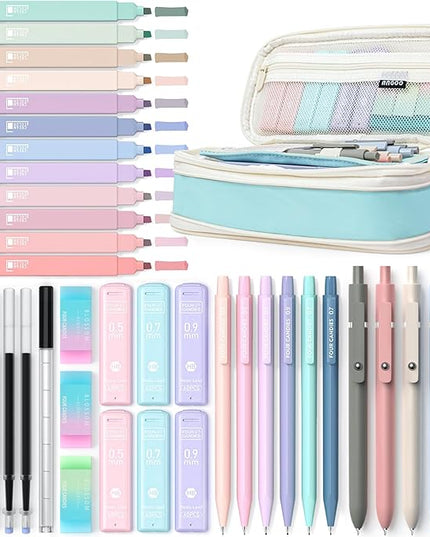 Four Candies 39 PCS Aesthetic School Supplies with Cute Pen Case, 12 Pastel Highlighters, 5 Black Ink Gel Pens, 6 Mechanical Pencils Set for Students Stationary College Essentials (Blue)