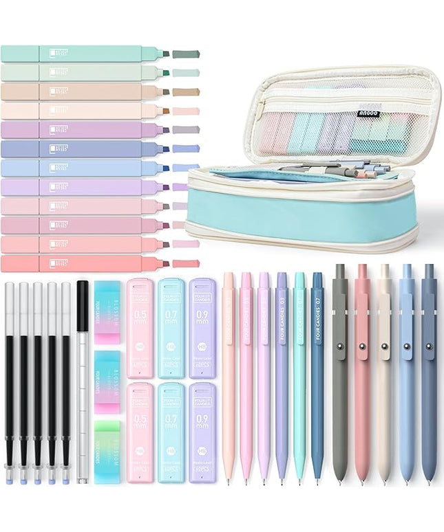 Four Candies 39 PCS Aesthetic School Supplies with Cute Pen Case, 12 Pastel Highlighters, 5 Black Ink Gel Pens, 6 Mechanical Pencils Set for Students Stationary College Essentials (Blue)