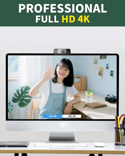 4K Webcam for PC, Full HD Video Calling, HD Light Correction, Works with Skype, Zoom, FaceTime, Hangouts, PC/Mac/Laptop/MacBook/Tablet
