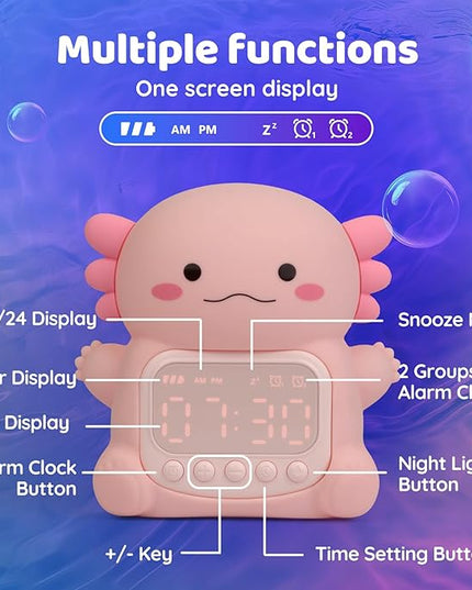 Axolotl Alarm Clock with Night Light for Kids, Rechargeable Silicone Lamp Time to Wake Clock，Cute Animal Tabletop Lamp, Perfect Sleep Companion for Boys Girls