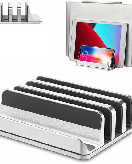 Vertical Laptop Stand [Updated Version],3-Slot Desktop Stand Holder with Adjustable Dock,4 in 1 Design Aluminum Space-Saving Laptop Stand for Desk MacBook/Surface/Samsung/HP/Dell/Chrome Book (Silver)