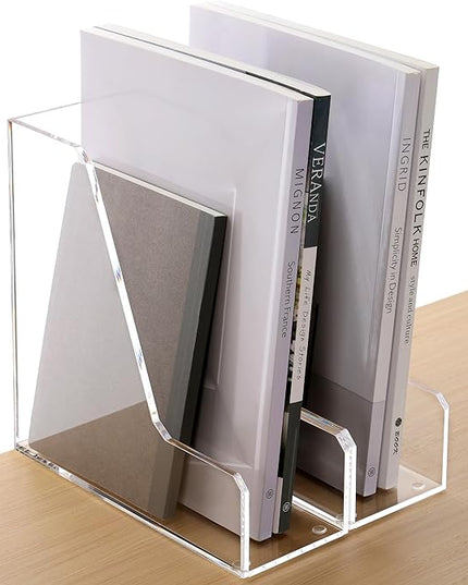 Acrylic Magazine Rack File Holder Desk Organizers and Storage 2-Pack Small Clear Acrylic Vertical Magazine Holder Book Stand for Office Desk