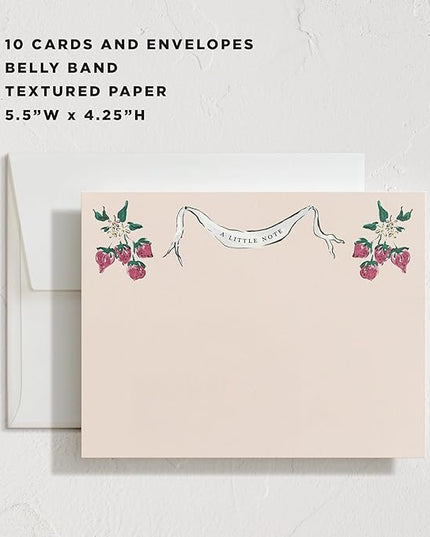 Minted Strawberry Queen Stationery Set, Set of 10, Flat Note Cards & Envelopes for Invitiations and Handwritten Thank You Messages, Strawberries & Vintage Banner, Gifts for Women, Luxurious Paper