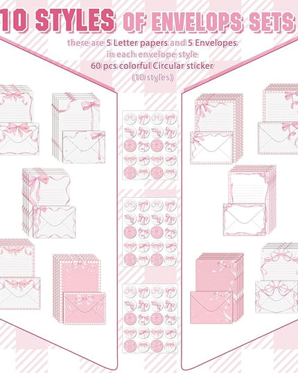 TaoBary 160 Pcs Stationery Paper Set 50 Double Sided Stationery Papers with 50 Matching Envelopes and 60 Round Dot Sticker, 10 Design(Pink Bow,5.5 x 8.25 Inch)