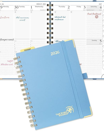 POPRUN 2026 Planner (Medium Size 8.5'' x 6.25'' Wire-Bound Hard Cover) Daily Weekly and Monthly Calendar - Agenda 2026 (Jan.2026-Dec.2026) with Hourly Schedule, Monthly Tabs - Haze Blue