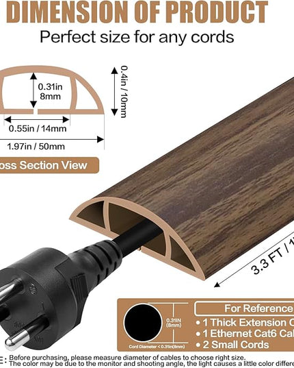 Floor Cord Cover Self Adhesive Cord Hider,3.3FT Cable Management, Extension Strip Protector for Wires, Prevent Cable Trips for Offices, Gyms, Exhibitions Cavity:0.47"(W) x 0.35"(H) Wood Walnut