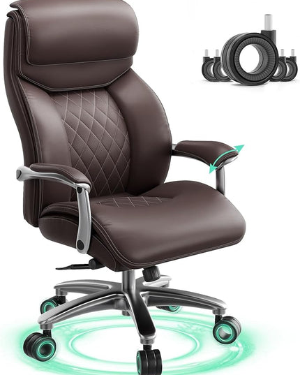 Big and Tall Office Chair with Wide Area Armrest, 600lbs Heavy Duty Desk Chair with Adjustable Lumbar Support, PU Leather High Back Ergonomic Executive Computer Chair with 3'' Silent Casters