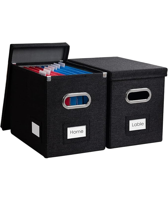 PRANDOM File Organizer Box - Set of 2 Collapsible Decorative Linen Filing Storage Hanging File Folders with Lids Office Cabinet Letter Size Black (14x9.3x10.8 inch)