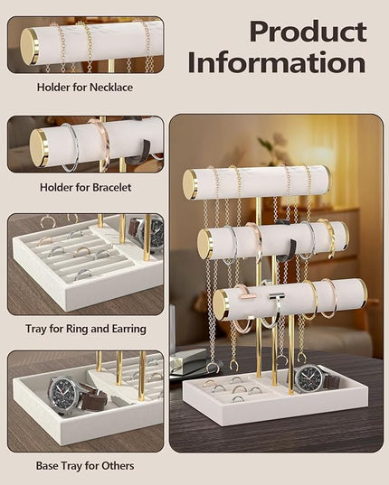 3-Tier Jewelry Bracelet Organizer Holder,Dresser Velvet Necklace Display Stand for Women,Jewelry Storage Rack for Bracelet,Necklace,Ring,Watch,Earring,Perfect Bedroom Accessory (Beige)