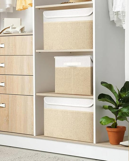 Large 17" 42 Quarts Collapsible Stackable Storage Bins with Lids [3-Pack] Foldable Fabric Linen Storage Boxes Cube, Closet Organizer Baskets with Label (16.7 x 12 x 12, Beige & White)