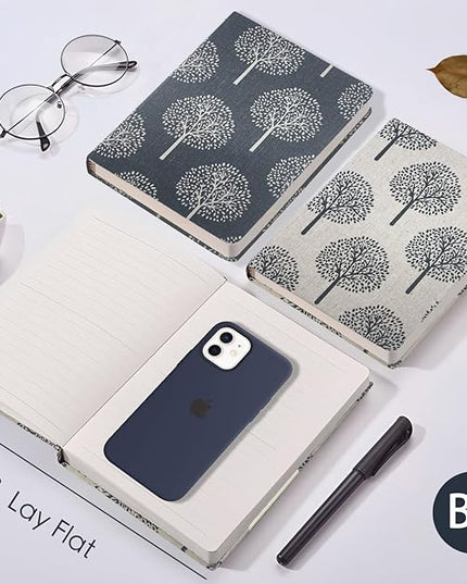 Linen Notebook, Hardcover Cloth Journal, B6, 264 Pages, 5x7 Small Lined Notebook & Sketchbook, Lay Flat, White Tree Navy Blue Fabric, Dirt-proof, Suitable for Outdoor Sketching