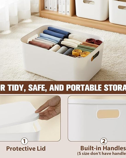 ANMINY 5PCS Plastic Storage Bins Containers with Lids, Large White Storage Organization Bins Boxes, Lidded Plastic Storage Baskets for Closet Shelves Drawers Desktop Home Office, White