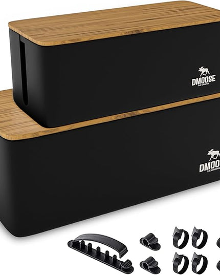 DMoose Cable Management Box - 2 Pack Medium & Large Cord Organizer for Desk & Floor, Cable Organizer Box for Child & Pet - Hider for Tidy Office & Home (Wood Print Lid, Black, Pack of 2)