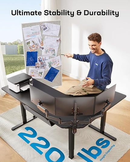HUANUO 63″ Dual Motor L-Shaped Standing Desk, Built-in Power Outlets, Electric Height Adjustable Corner Computer Desk, Large Power Strip Holder, Sit Stand Up Desk with 3 Preset Heights, Black