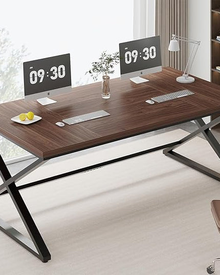 IBF Large Computer Desk, 70.8” Long Home Office Desk for Writing, Modern Simple Executive Work Desk for Study, Wood Metal Double PC Gaming Workstation Computer Table for Bedroom, Walnut, 70 inch
