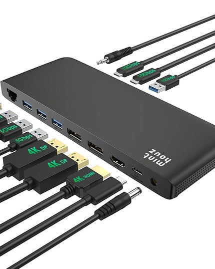 Minthouz 12-in-1 Docking Station with 100W Charging, Triple Display Dual 4K Support, 1000Mbps LAN Port, Laptop Docking Station, 4X USB-A (1x 10Gbps), 2X USB-C, Compatible with Windows, Mac, Chrome