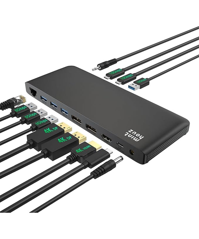 Minthouz 12-in-1 Docking Station with 100W Charging, Triple Display Dual 4K Support, 1000Mbps LAN Port, Laptop Docking Station, 4X USB-A (1x 10Gbps), 2X USB-C, Compatible with Windows, Mac, Chrome