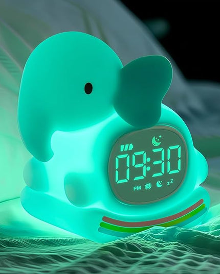 Alarm Clock for Kids with Night Light, Sleep Training Clock Time to Wake Clock, Rechargeable Silicone Light for Bedroom, Perfect Sleep Companion for Boys Girls, Green Elephant