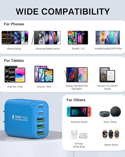 2-Pack USB C Wall Charger Block,60W 5-Port C Charger Fast Charging Block PD Power Adapter +QC 3.0 Multiport Type C Box Charger Cube USB A Wall Plug for iPhone 14/15/16/17 Pro Max,Samsung Galax