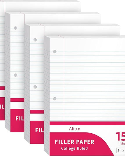 Alitte Loose Leaf Paper, College Ruled, 600 Sheets (150/Pack) Filler Paper for Writing Notes - School, College, Office 3 Hole-Punch Lined Sheets for Ring Binders, Pocket Folders - White, 8 x 10.5