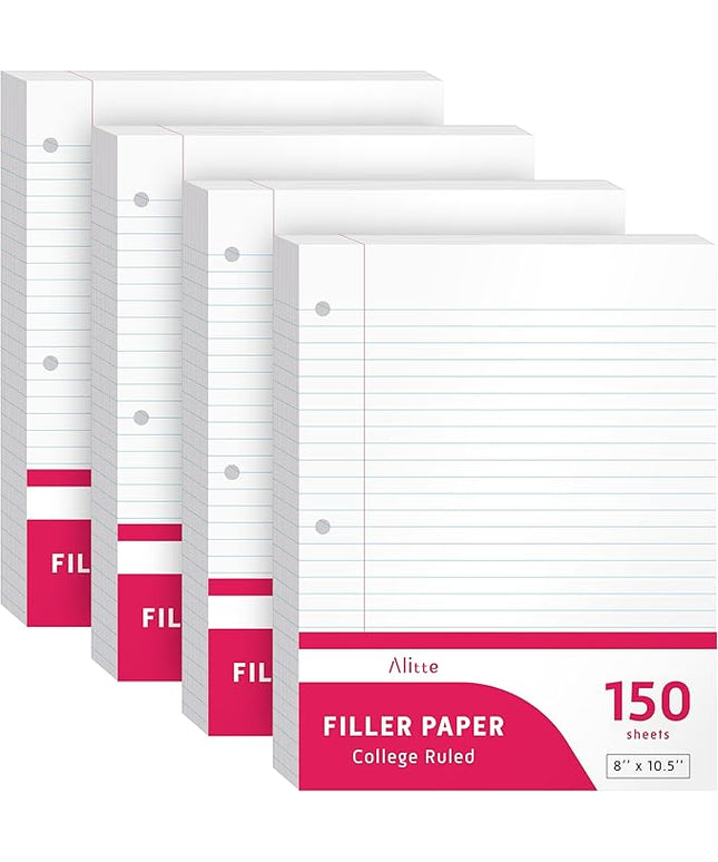 Alitte Loose Leaf Paper, College Ruled, 600 Sheets (150/Pack) Filler Paper for Writing Notes - School, College, Office 3 Hole-Punch Lined Sheets for Ring Binders, Pocket Folders - White, 8 x 10.5